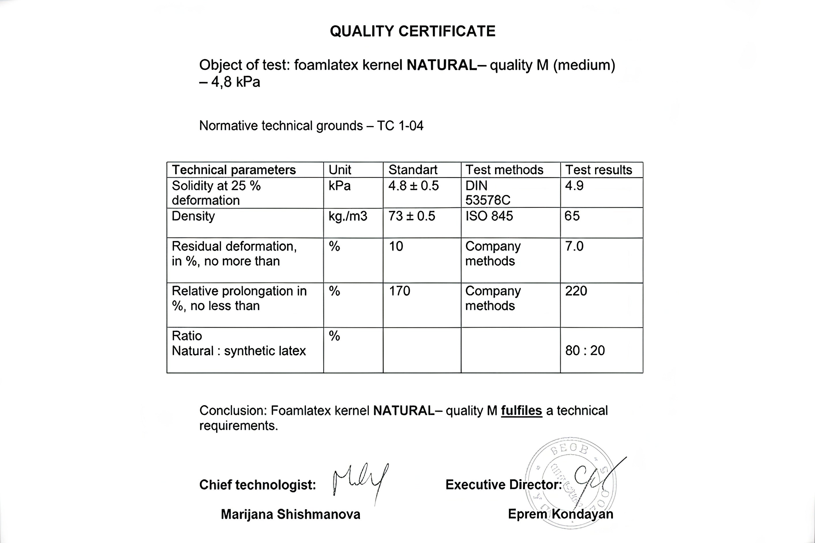 certificado de calidad de latex